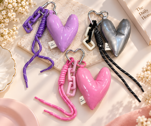 Puffy Heart Keychain with Chunky Chain & Rope – Pink, Purple & Silver