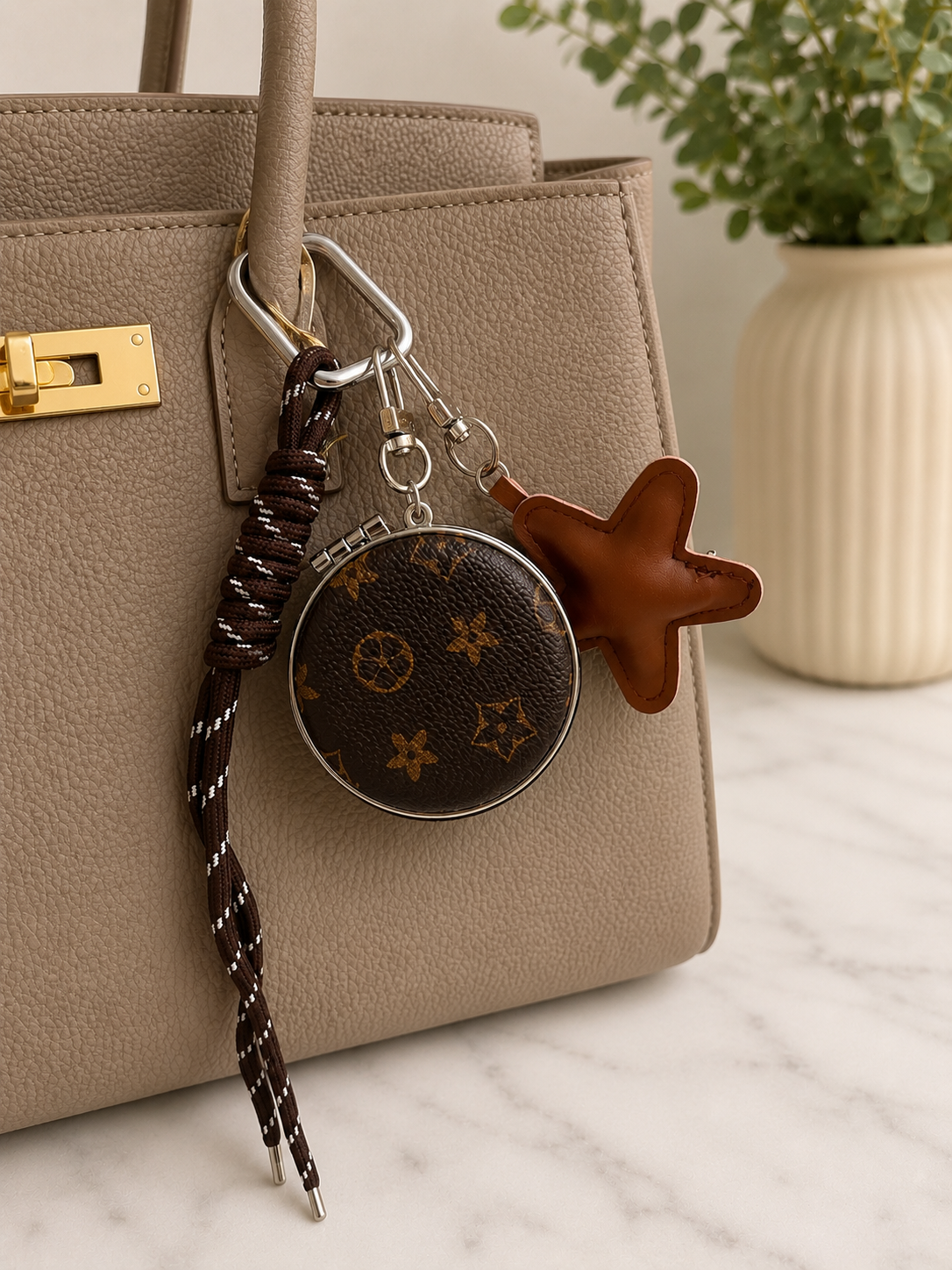 Luxury Monogram Bag Chain Charm with Compact Mirror