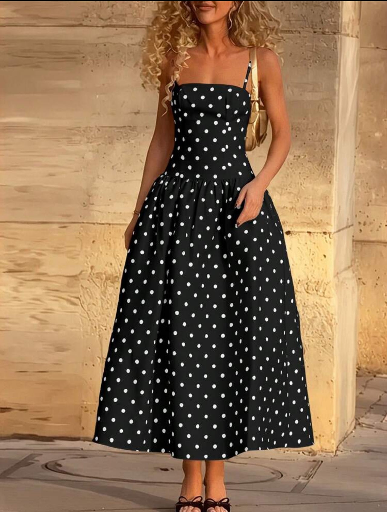 Spring/Summer New Fashionable Elegant Casual Street Vacation Music Festival Polka Dot Strap Dress - Large