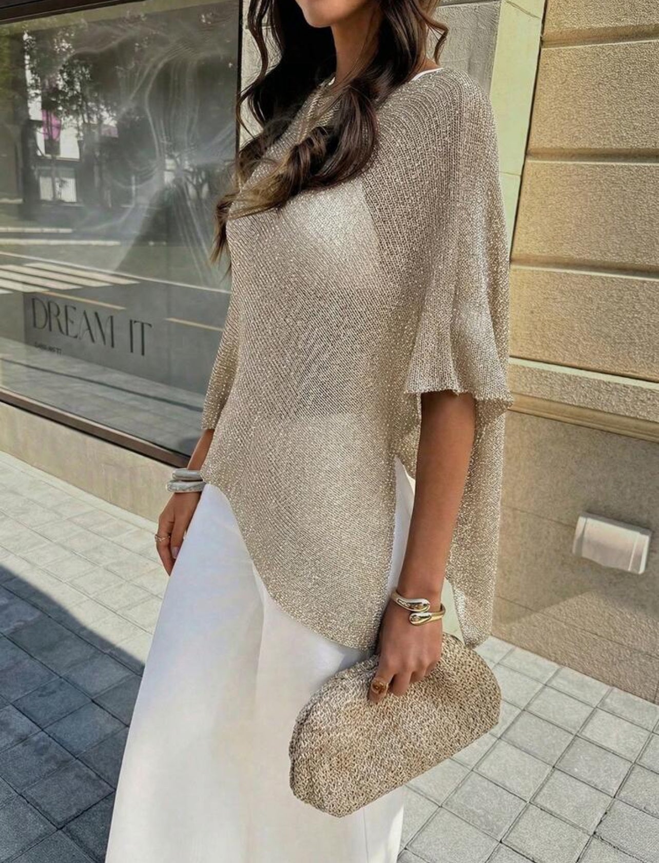 FOR BEAUTY Women's Summer New Knit Top, Casual Style, Solid Gold Loose Shawl Cover Up, Bohemian Style, Suitable For Beach And Vacation - M,L