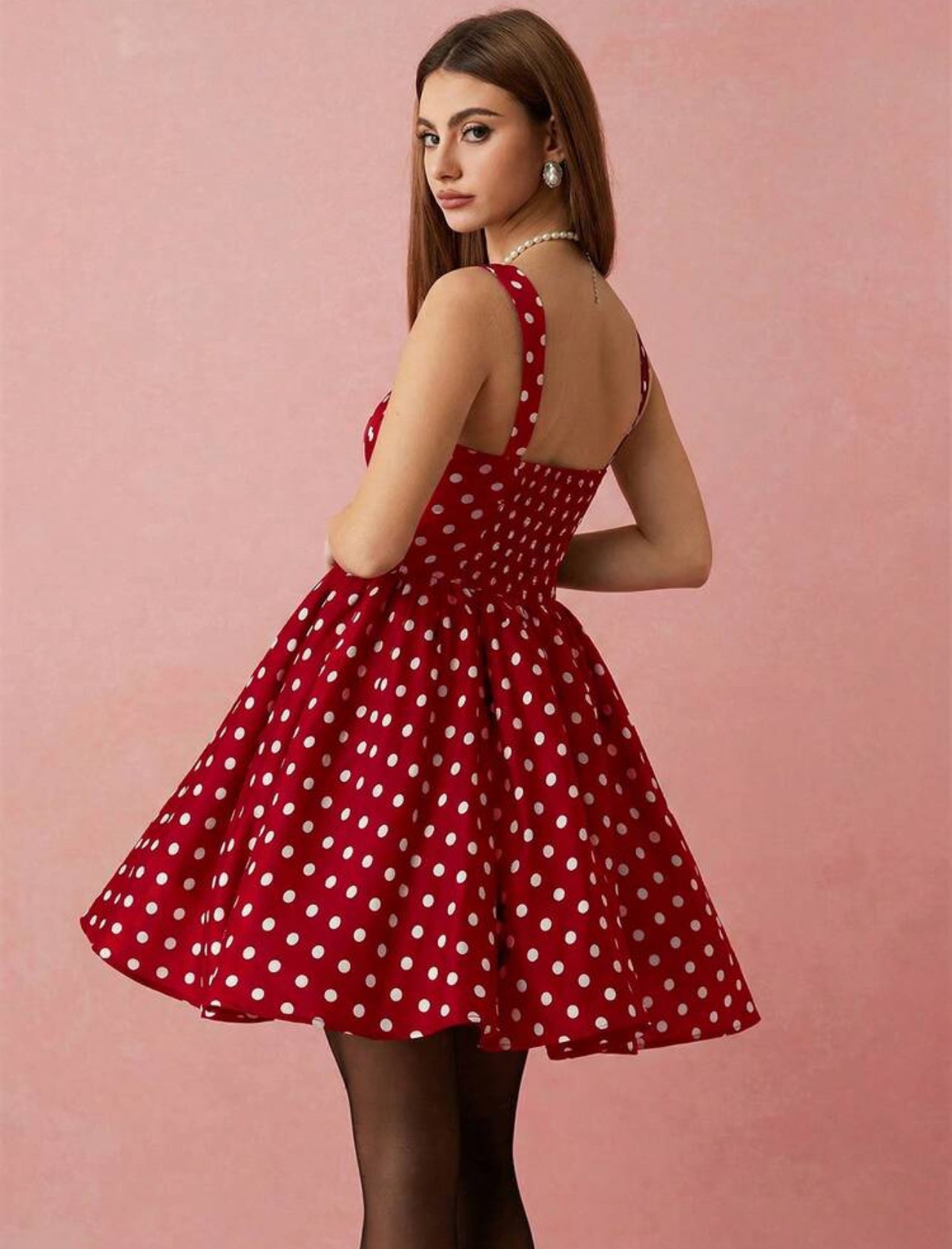 Enchnt Women's Red And White Polka Dot Square Neck Sleeveless Short Dress,Vintage Tea Party Summmer Elegant Birthday Graduation Wedding Party Dress - S,M