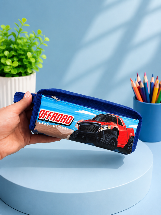 Kids Off-Road Car Pencil Case – Blue Double-Zip School Pouch