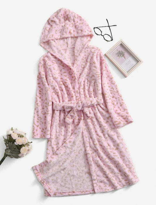 SHEIN Girls Allover Pattern Belted Hooded Robe - 5 Years