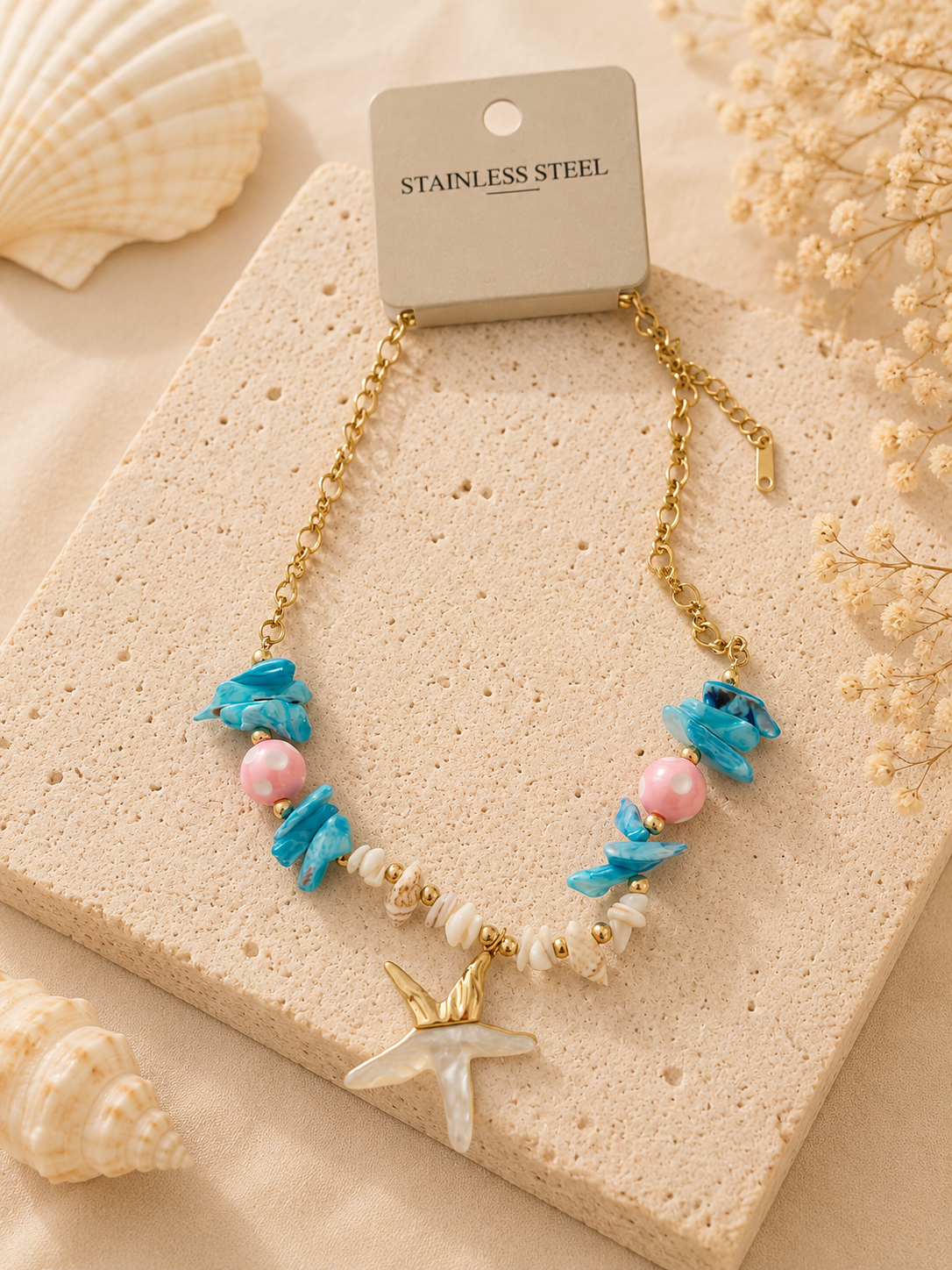 Ocean Starfish Pendant Beaded Necklace – Beach Style Gold Chain Statement Necklace