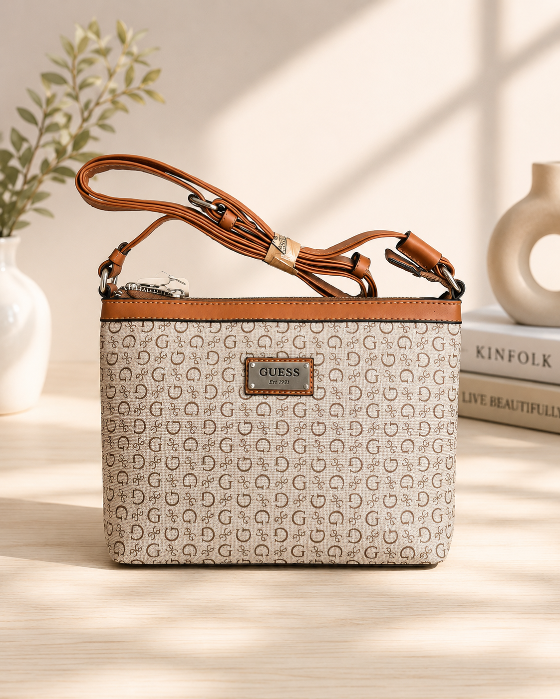 Inspired Monogram Crossbody Bag – Beige & Tan