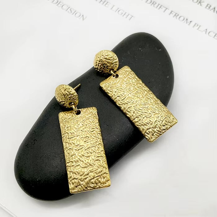 Textured Gold Rectangle Statement Earrings – Stainless Steel