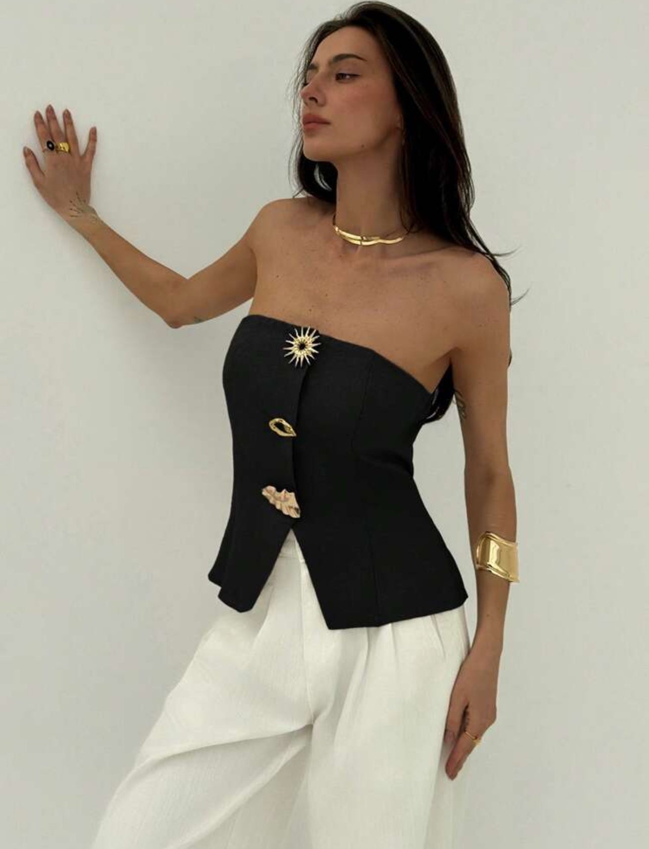 SHEIN Aloruh Office Wear Modern Metal Button Decor Bandeau Women Blouse - M,L