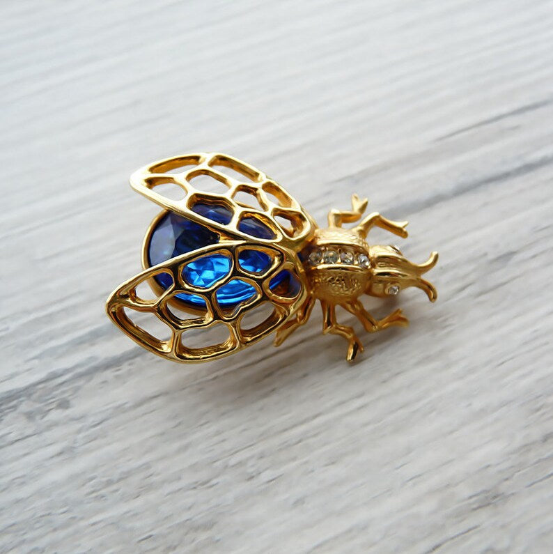 Vintage Art Deco Fly Brooch Gold Insect Pin Blue Crystal Costume Jewelry