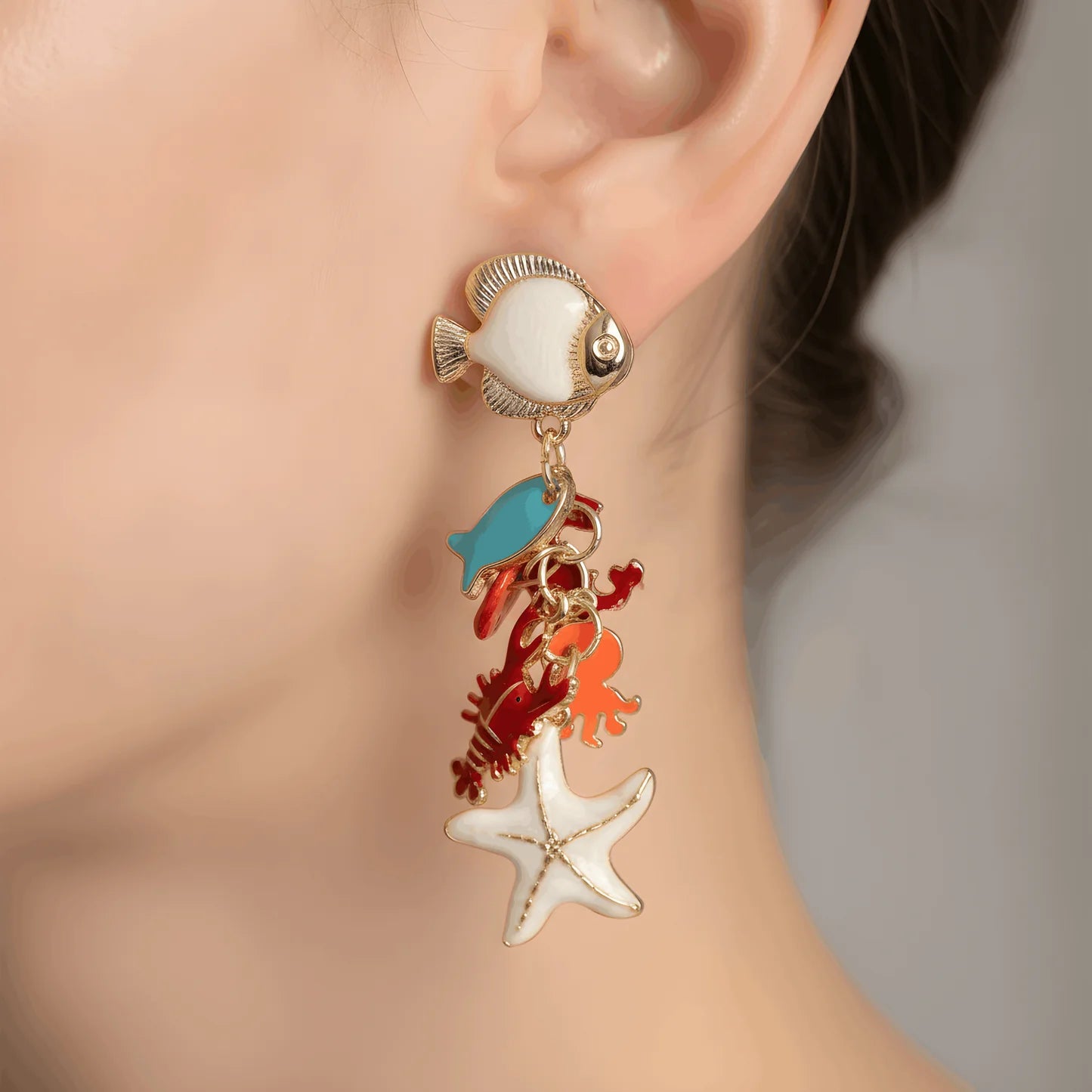Ocean Charm Fish Drop Earrings – Gold Statement Earrings
