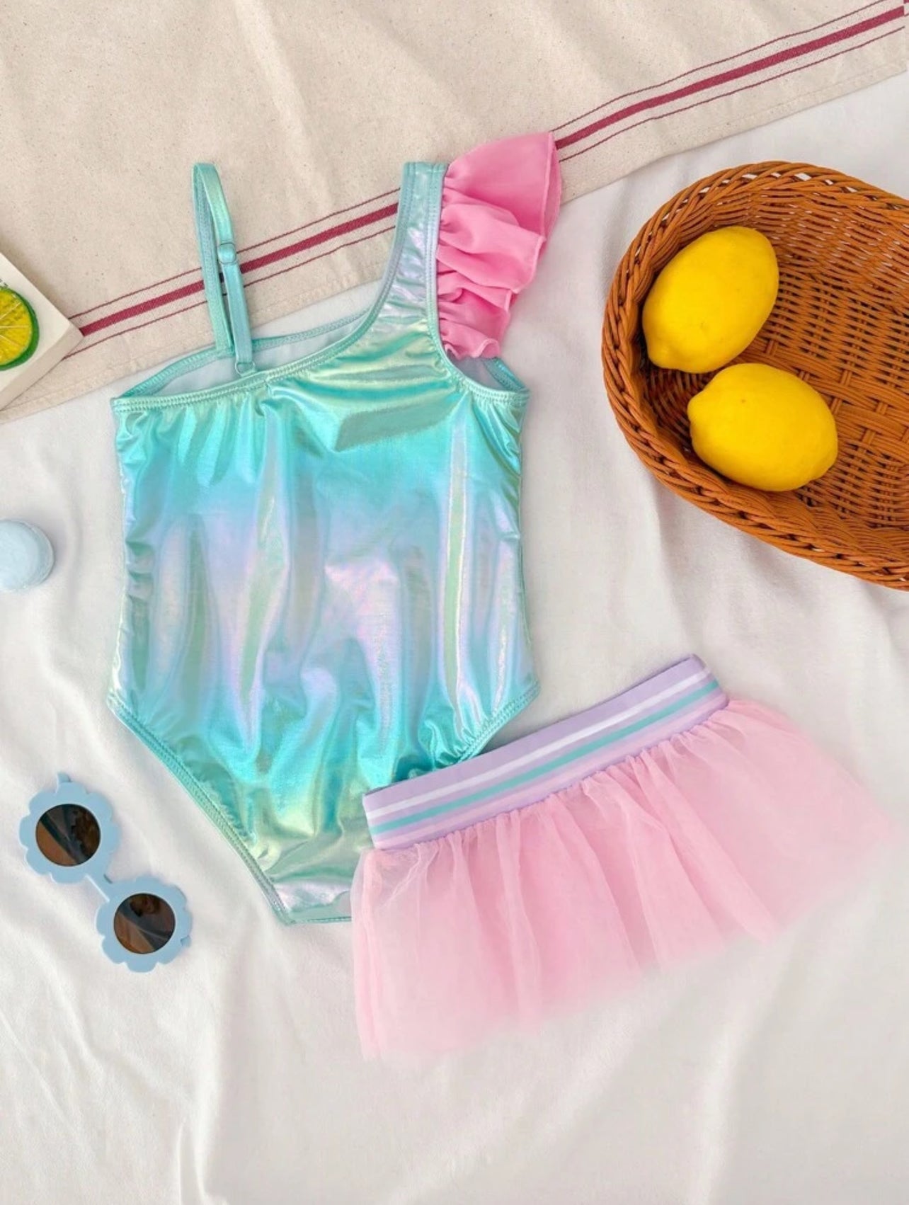SHEIN Toddler Girl's Baby Pink Starfish Embroidered Pearl One-Piece Swimsuit With Tulle Skirt,One-Shoulder Puff Sleeve Quick-Drying Summer Beach Holiday
