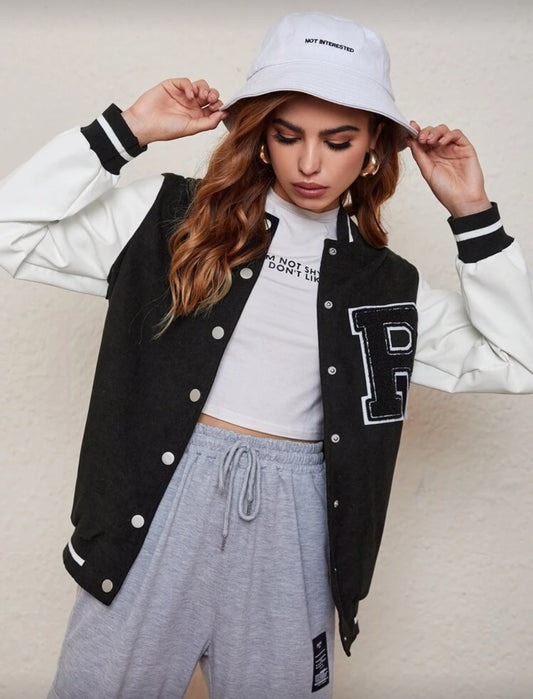 SHEIN Letter Patched Contrast Sleeve Varsity Jacket - M