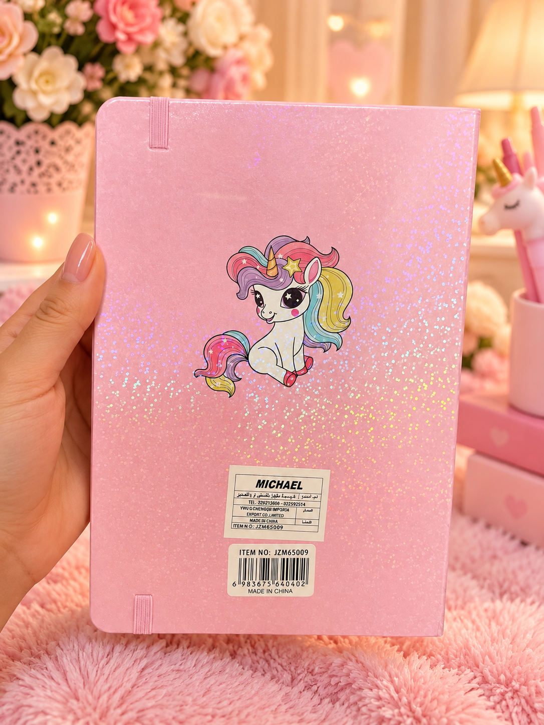 Pink Unicorn Glitter Notebook – Cute Rainbow Unicorn Journal with Elastic Closure