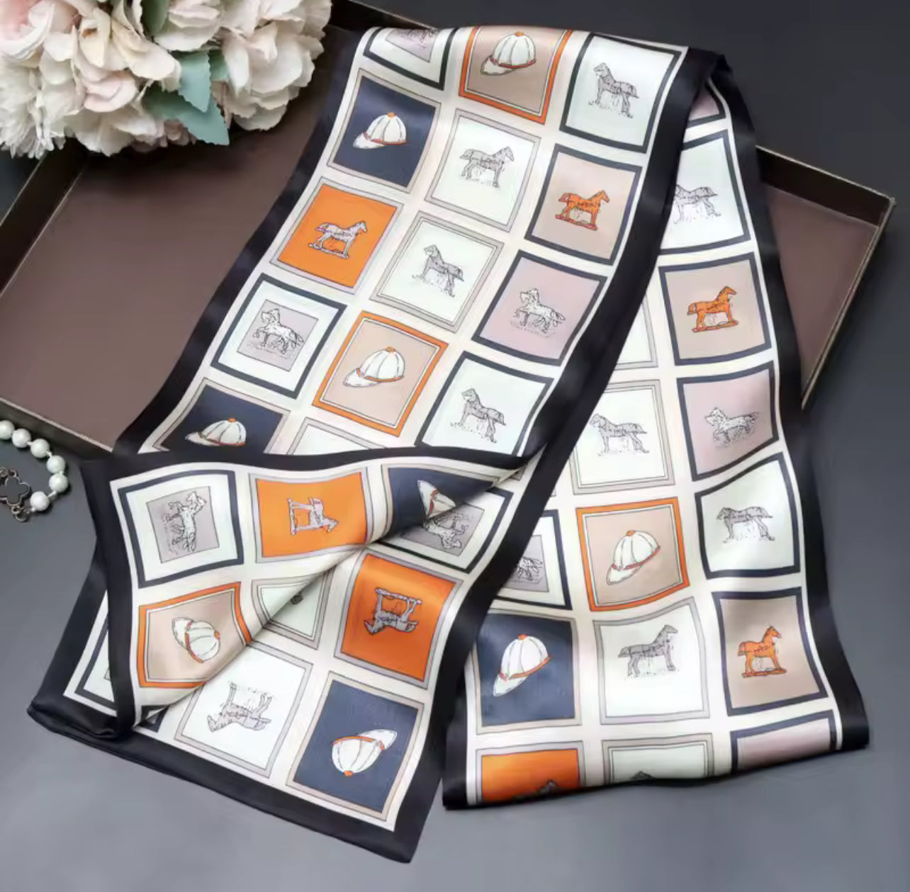 Grid Horse Print Square Scarf Simulated Silk Neck Scarf Stylish Sunscreen Headscarf For Women