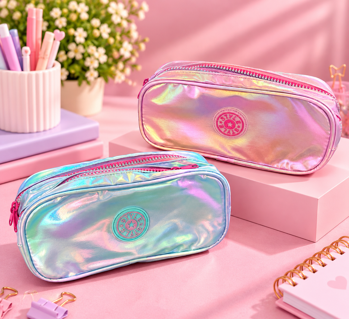 Holographic Double-Zip Pencil Case – Iridescent Pink & Blue