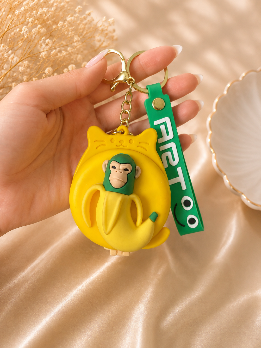 Cute Banana Monkey Compact Mirror & Hair Brush Keychain