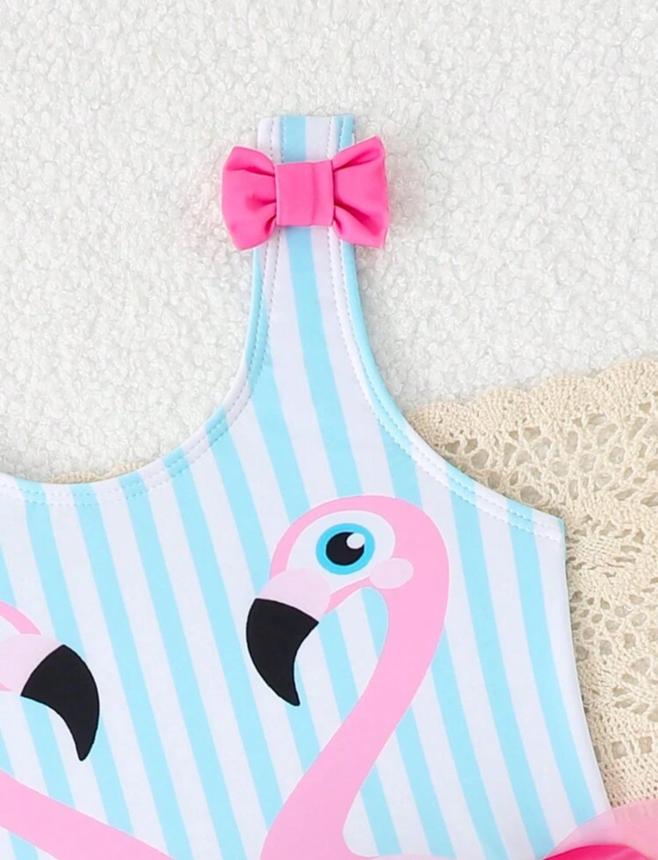 SHEIN Young Girl Flamingo Striped Sleeveless Backless One-Piece Swimsuit, Cute Bow Strap Design, Summer Beach Summer Holiday - 4Y