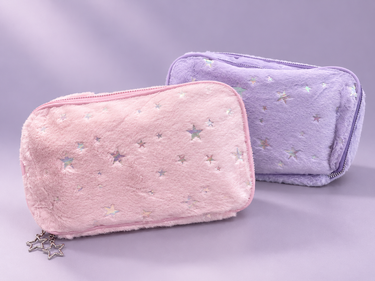Fuzzy Star Print Double Compartment Pencil Case – Pink & Lavender
