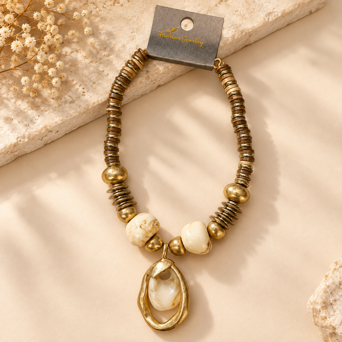 Elegant Statement Necklace – Gold & Beige Beaded Pendant Necklace