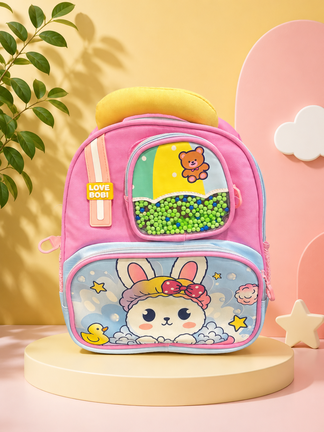 Cute Kids’ Backpack with Beaded Front Pocket – Pink Bunny School Bag