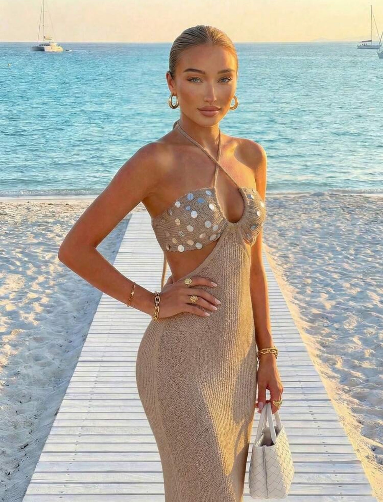 FOR BEAUTY Summer Women's Bohemian Glitter Sequin Coffee-Tone Halter Dress, Sleeveless Bandeau Backless Cami Dress,Beach Vacation Dress,Summer Dress - M