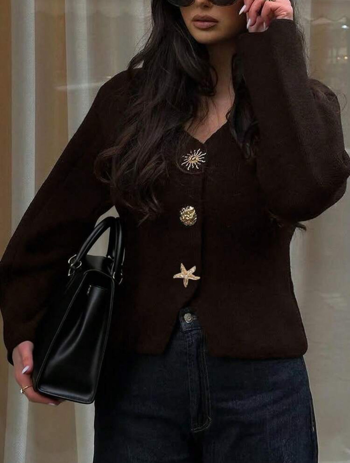 FOR BEAUTY Autumn/Winter Y2K Women's Brown New V-Neck Asymmetric Button Knit Cardigan Long Sleeve Casual Fashion Loose Fit Commuter Top - Medium