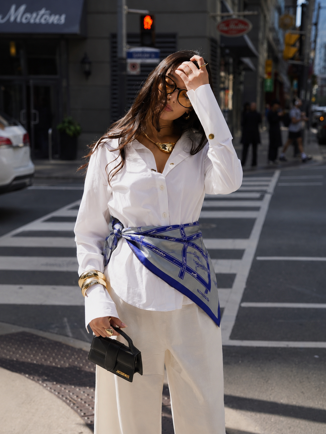 Luxury Satin Square Scarf – Blue & Silver Ribbon Print | Soft Silk Feel | Multi-Way Styling