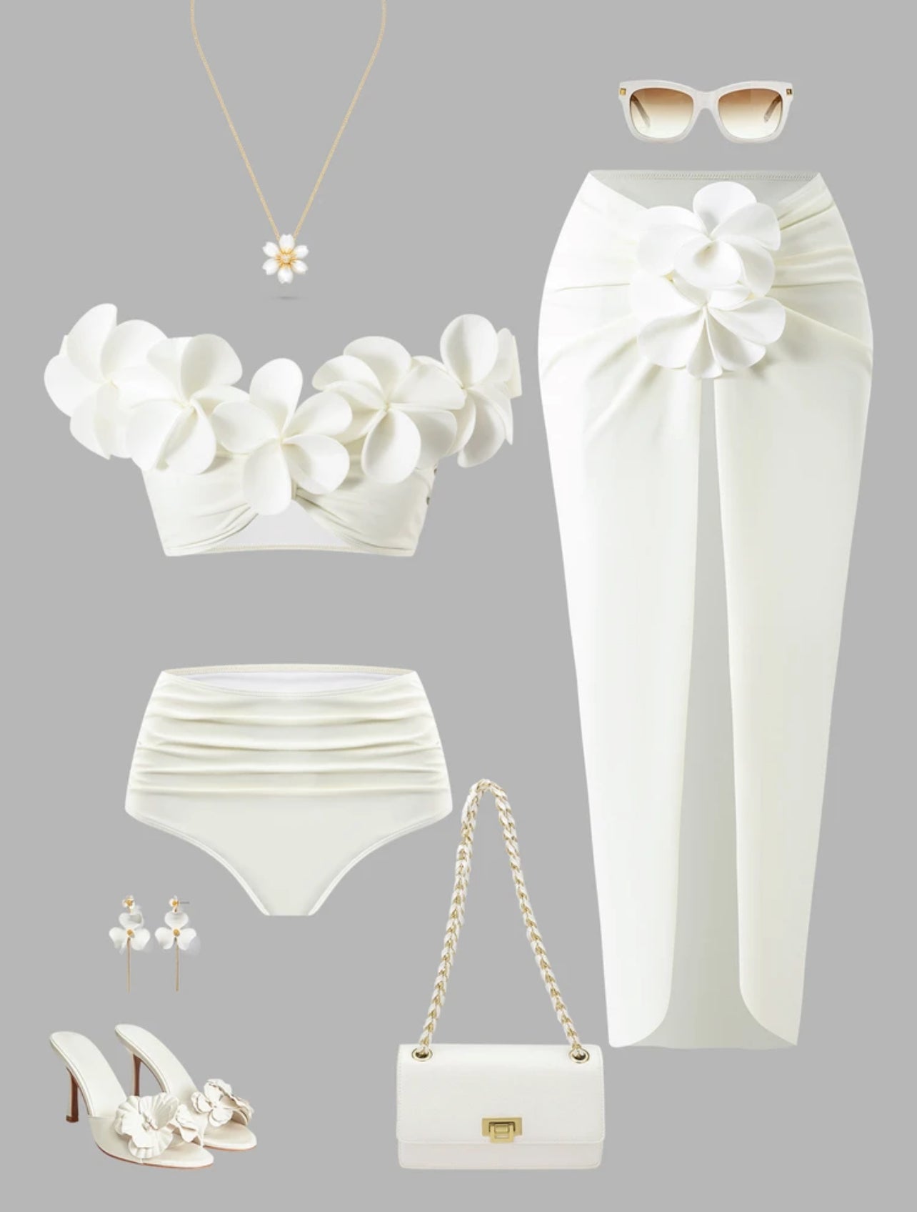 Bonvoyette Women's Summer Beach Vacation 3D Floral Decor One-Shoulder Bikini Set, Elegant White Three Pieces Swimwear Set