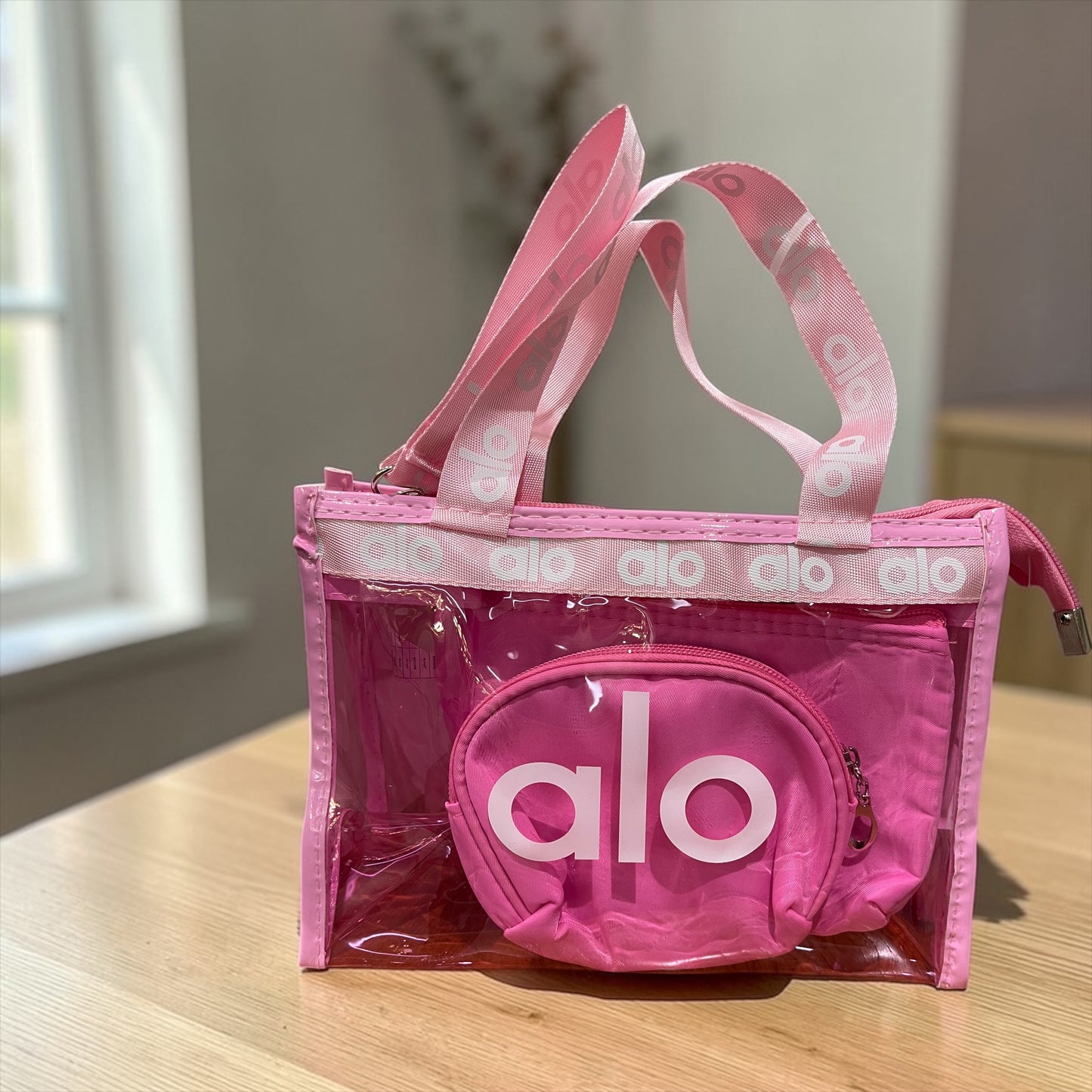 Alo Pink Transparent Tote Bag Set – Clear Handbag with 2 Mini Cosmetic Pouches