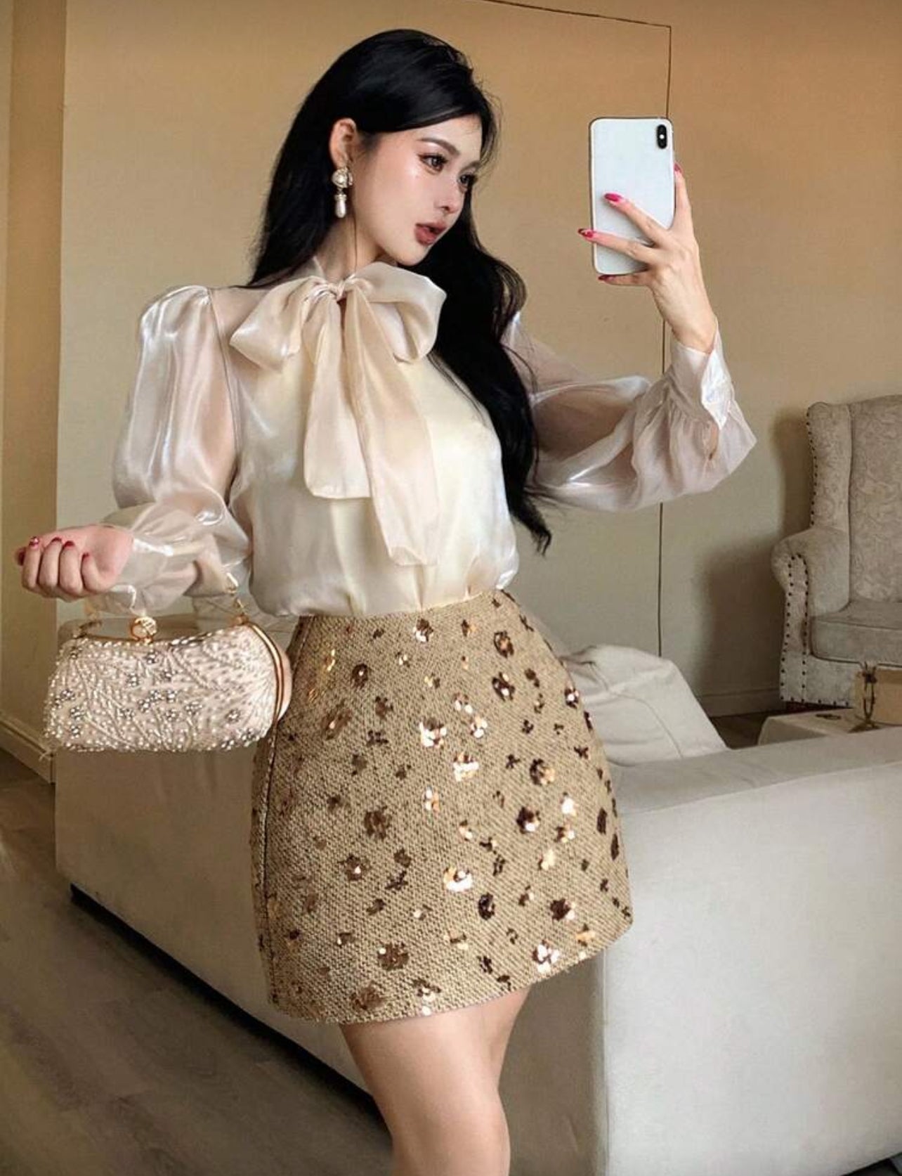 DAZY Women's Elegant Sequin Embellished Bodycon Mini Skirt, Autumn Winter Women Skirts Carnival - Medium