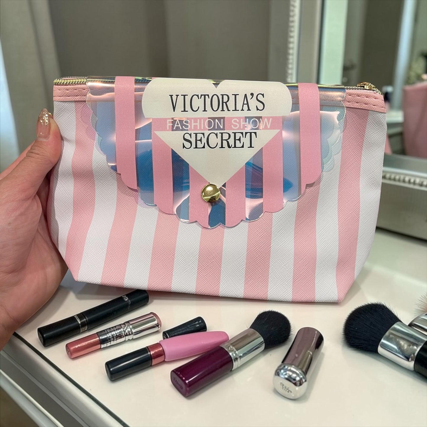 Victoria’s Secret Pink Striped Makeup Pouch – Cosmetic Bag with Zipper & Snap Flap, Travel Beauty Organizer