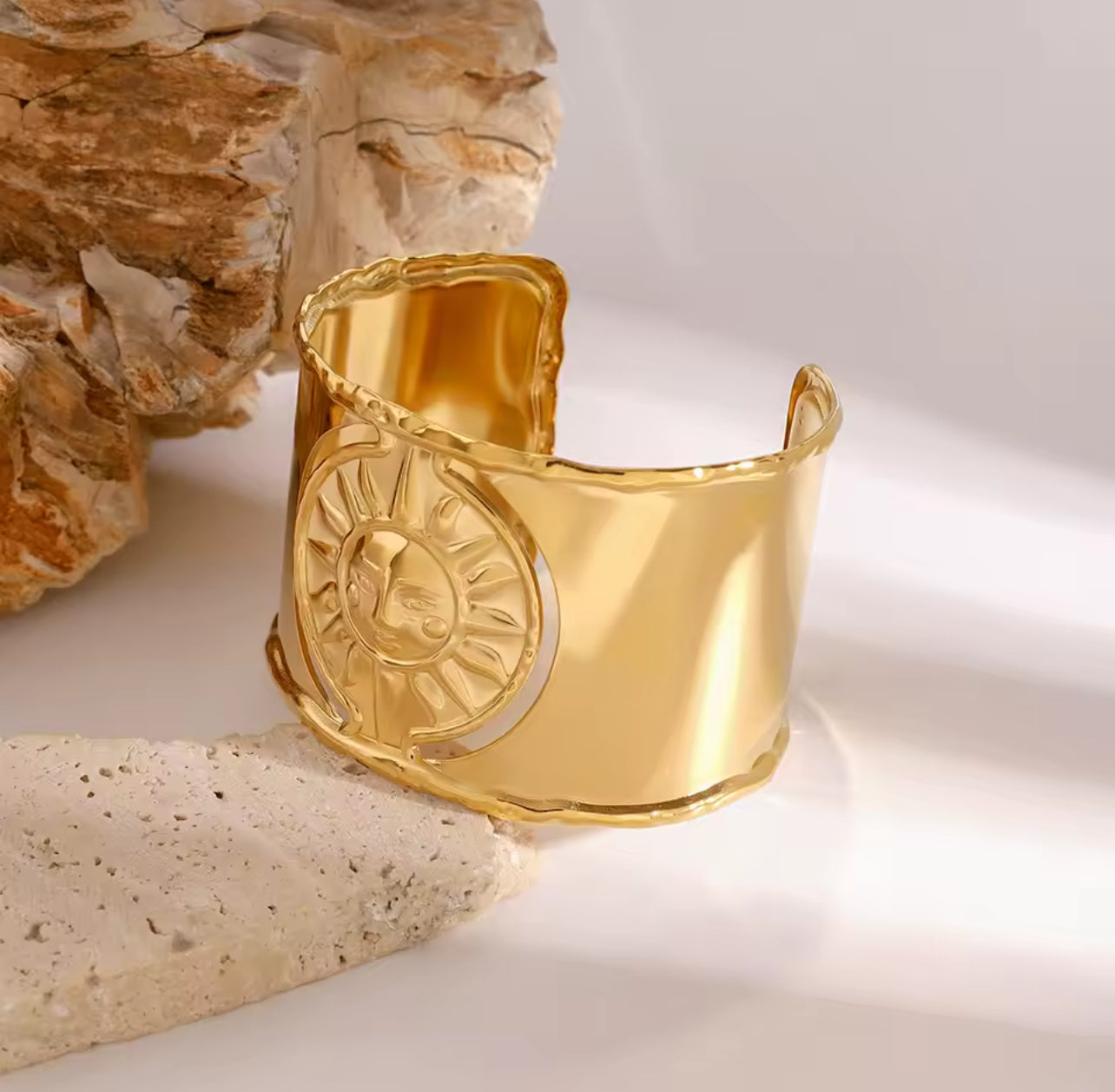 Uworld Sunburst Cuff Bangle Bracelet Stainless Steel Gold Color Texture Fashion Chic Jewelry Gala Gift Waterproof