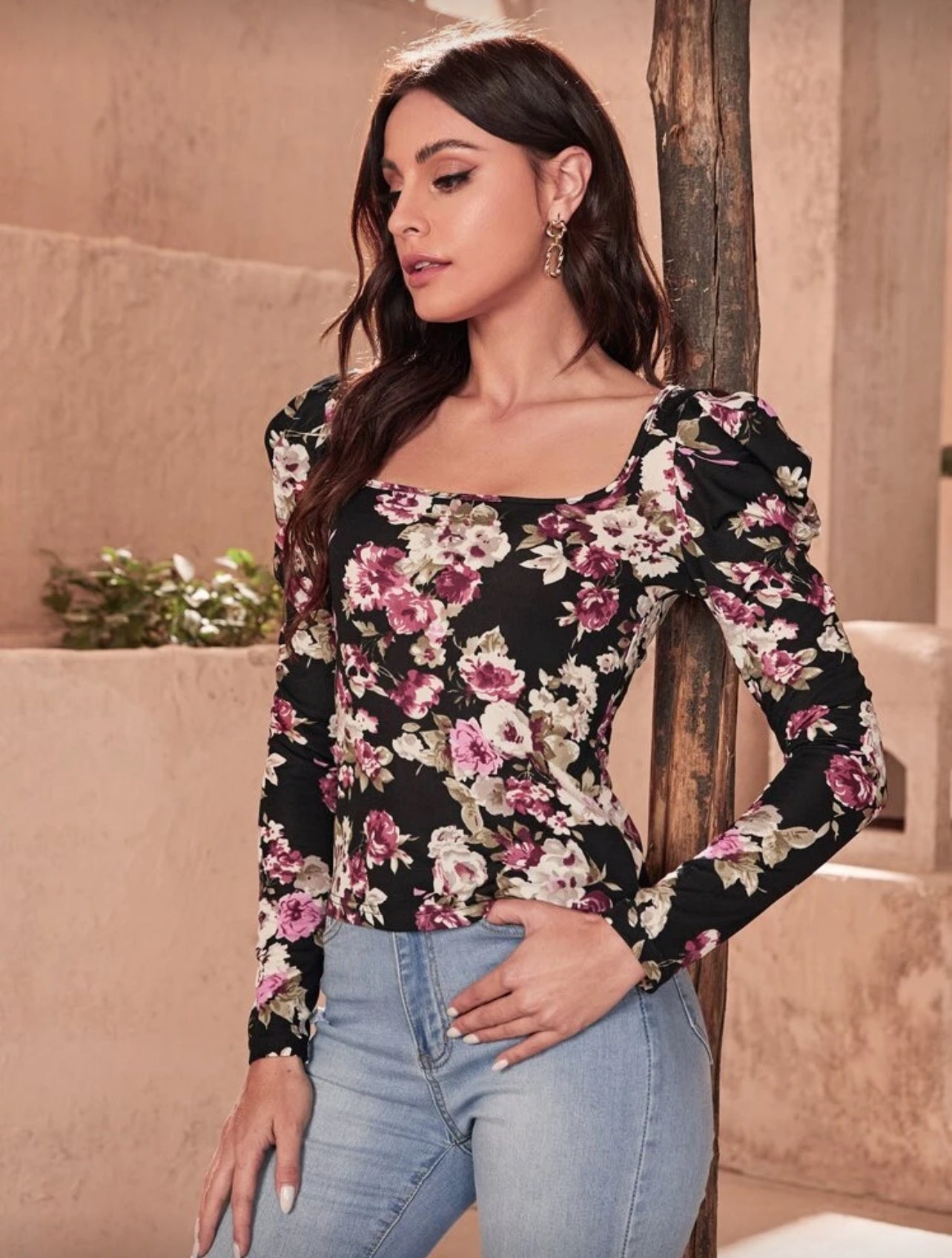 SHEIN Clasi Floral Print Gigot Sleeve Tee - XL