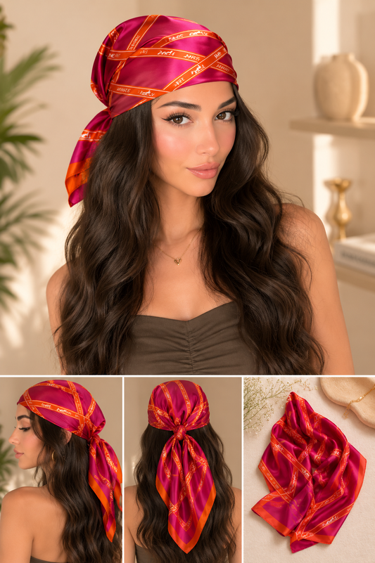 ✨ Luxury Pink & Orange 100% Silk Scarf – Elegant Square Satin Scarf