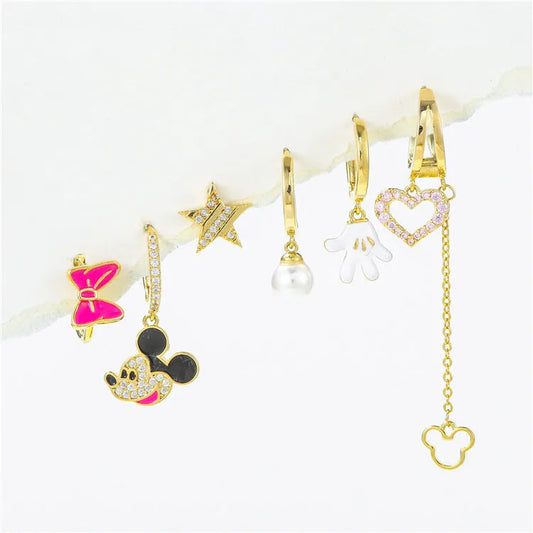 SP Cute Girl Fashion Pink Enamel Mouse Earrings Sets 18K Gold Plated Zircon Heart Long Tassel Earring Set