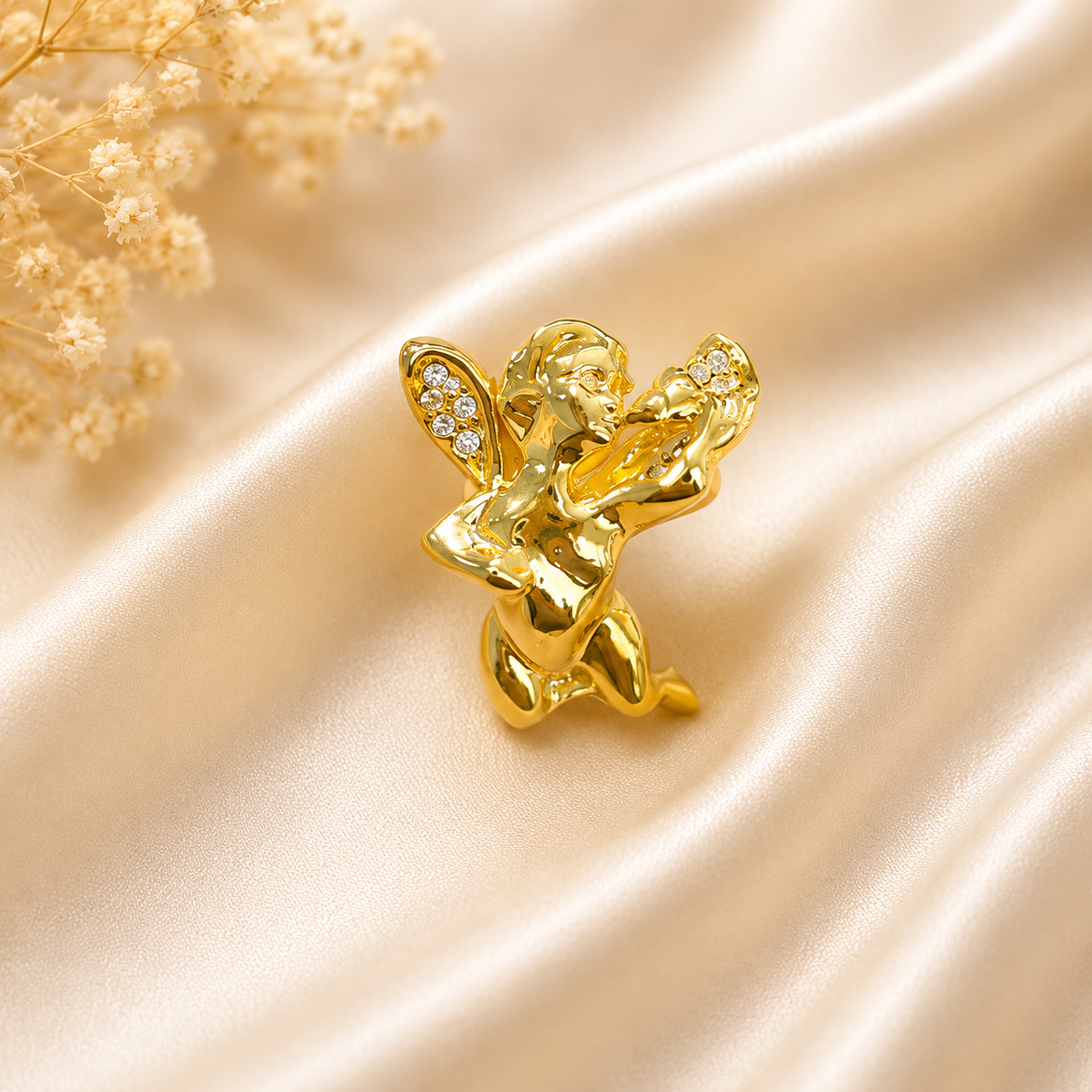 Golden Cherub Violin Brooch Pin