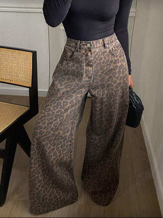 [100% Cotton] Livesso Women's Loose Leopard Print Cotton Pants Fall - Medium