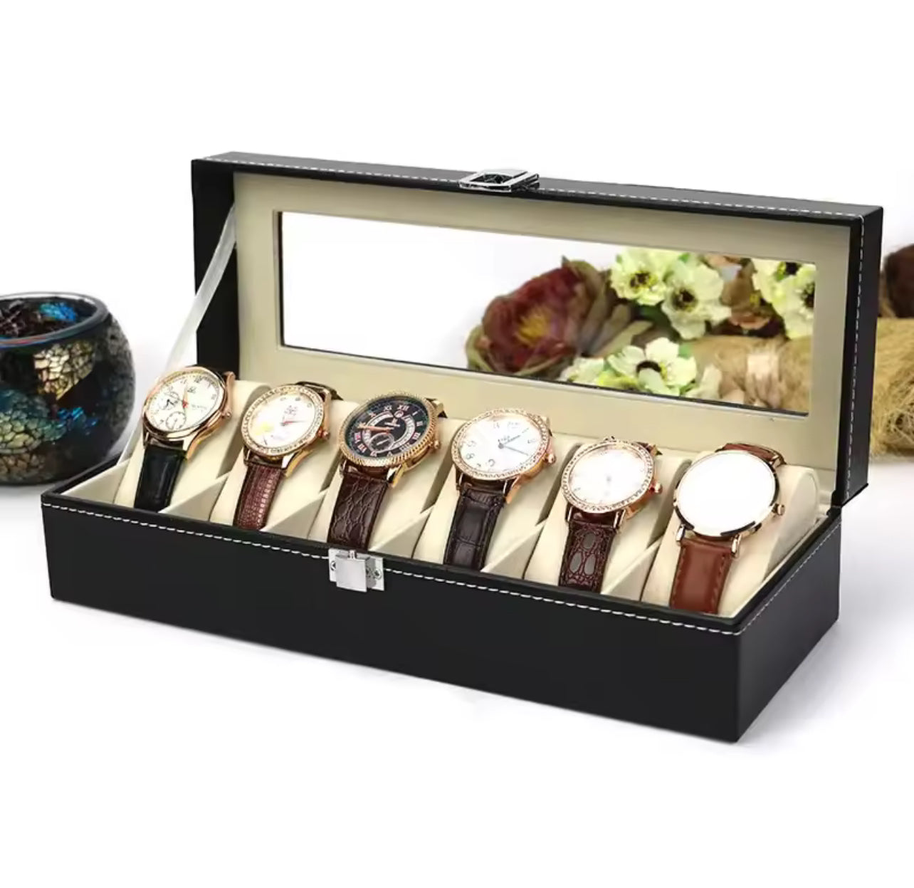 WellZone Classic 6 Positions Watch Box With Transparent Glass Top PU Leather Six Slots Watch Storage Case For Holiday Gift
