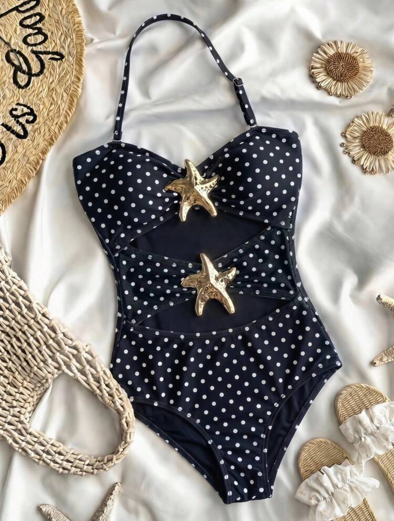 SHEIN Tween Girl Polka Dot Metallic Starfish Decor One-Piece Swimsuit, Suitable For Beach Vacation - 10Y,11Y