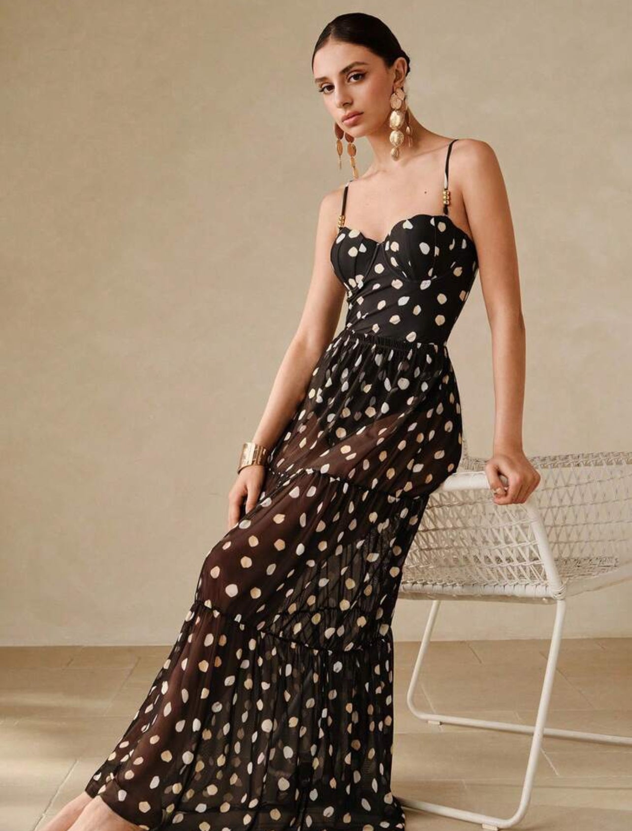 Swim Oasis New Sexy Tight Black & White Polka Dot Print Spaghetti Strap Push-Up Underwire One-Piece, Vacation Beach Crop Top & Skirt 2 Pieces Set For Summer - L,XL