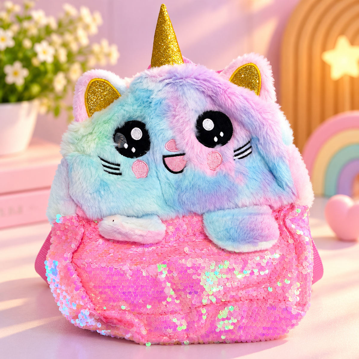 Girls’ Pastel Unicorn Cat Sequin Backpack