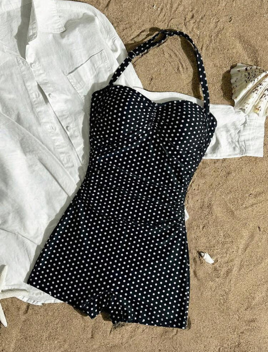SHEIN Teen Girl Black One-Piece Halter Ruched Swimsuit,Elegant Polka Dot Pattern - 14 Years