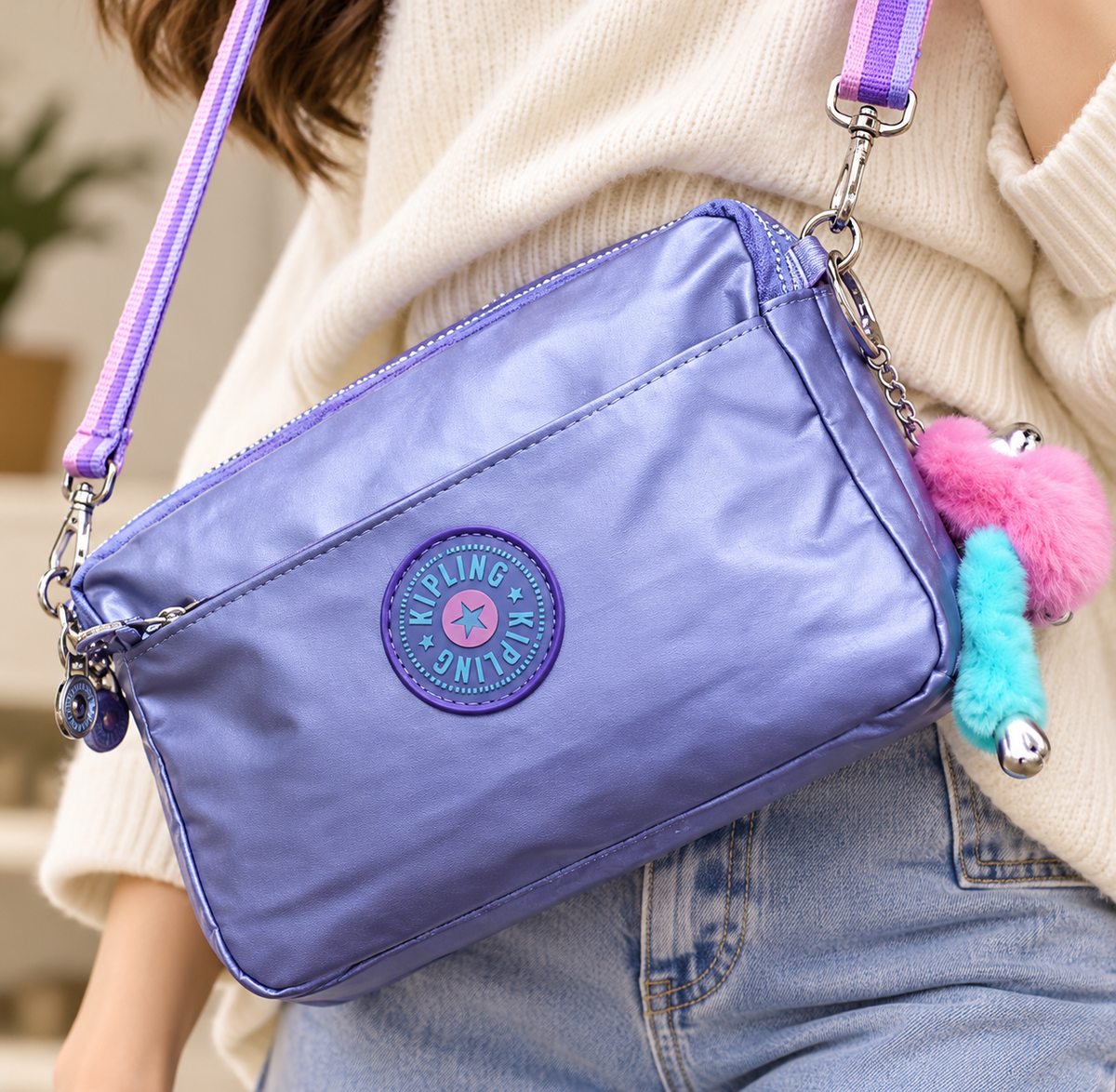 Metallic Mini Crossbody Bag with Colorful Plush Charm