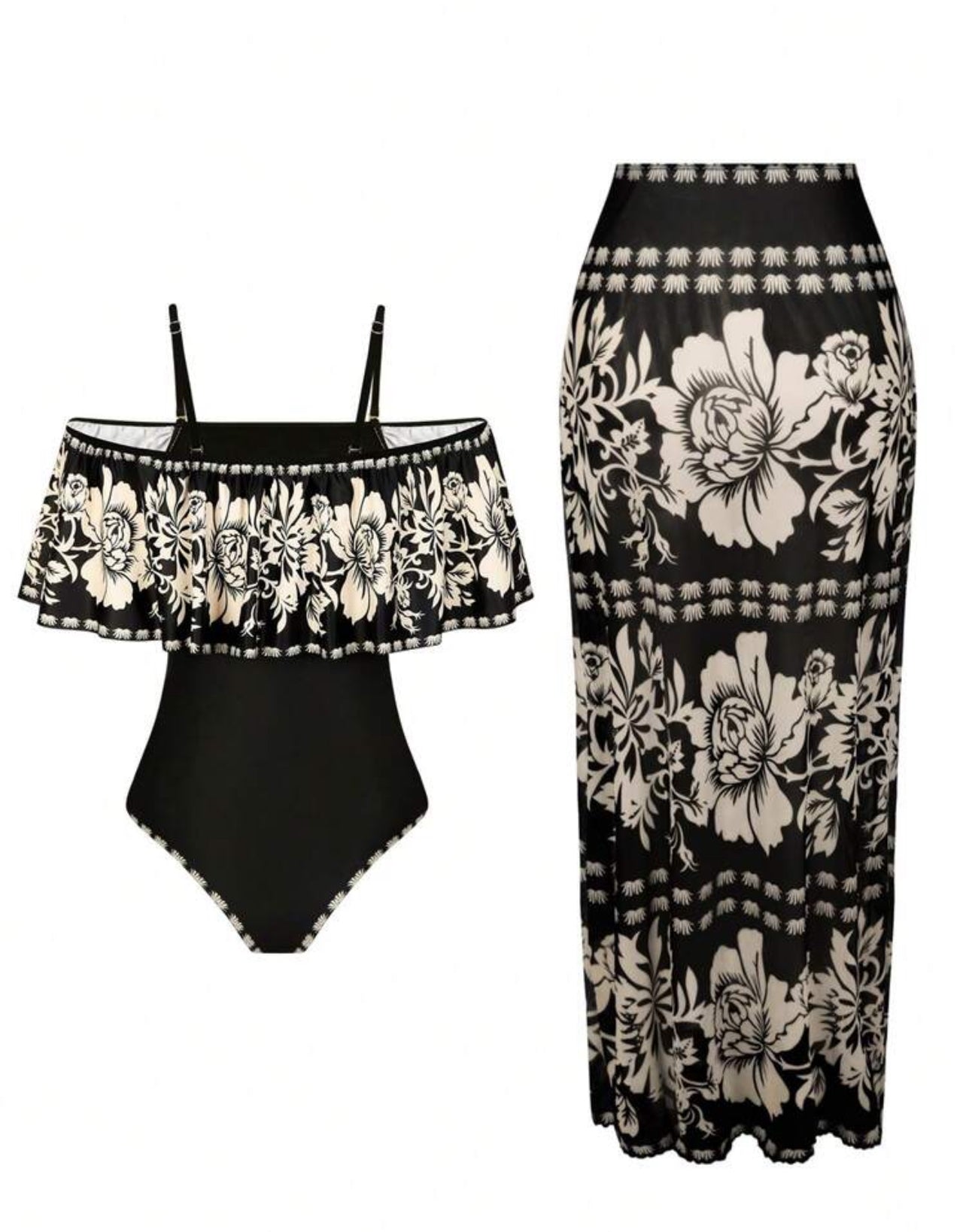 Swim Oasis 2pcs/Set Summer Fashion 3D Print Design High-End Bestselling Ruffled One-Piece Swimsuit With Beach Cover-Up Dress - Med