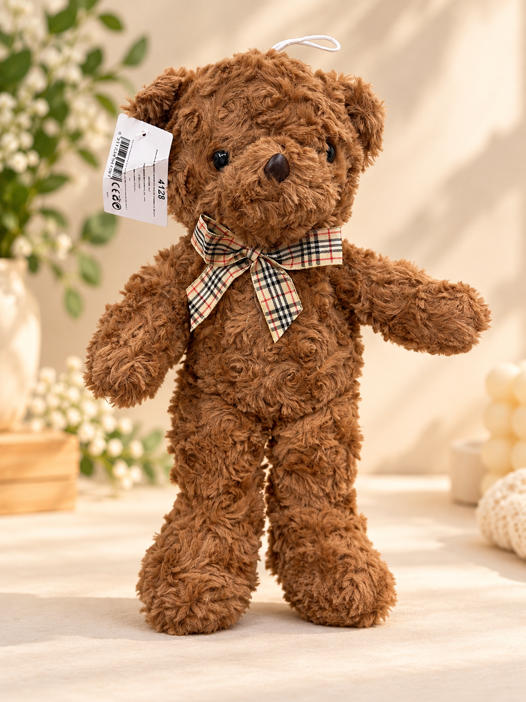 Soft Plush Teddy Bear with Checkered Bow – Cute Gift for Kids & Loved Ones