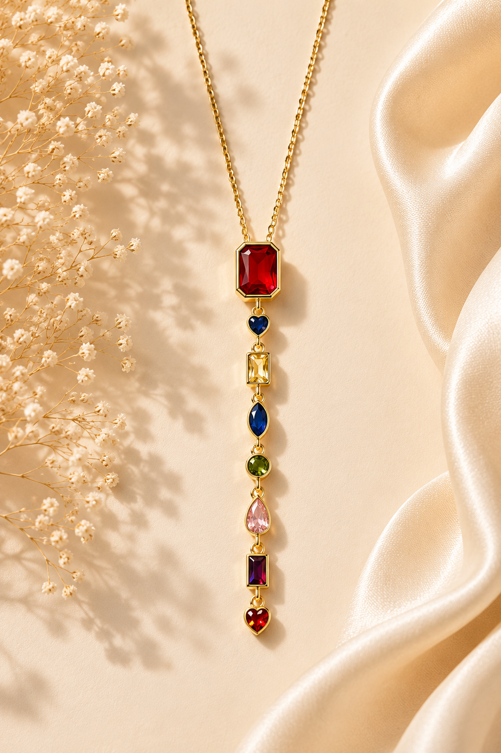 Rainbow Gemstone Drop Necklace – Stainless Steel