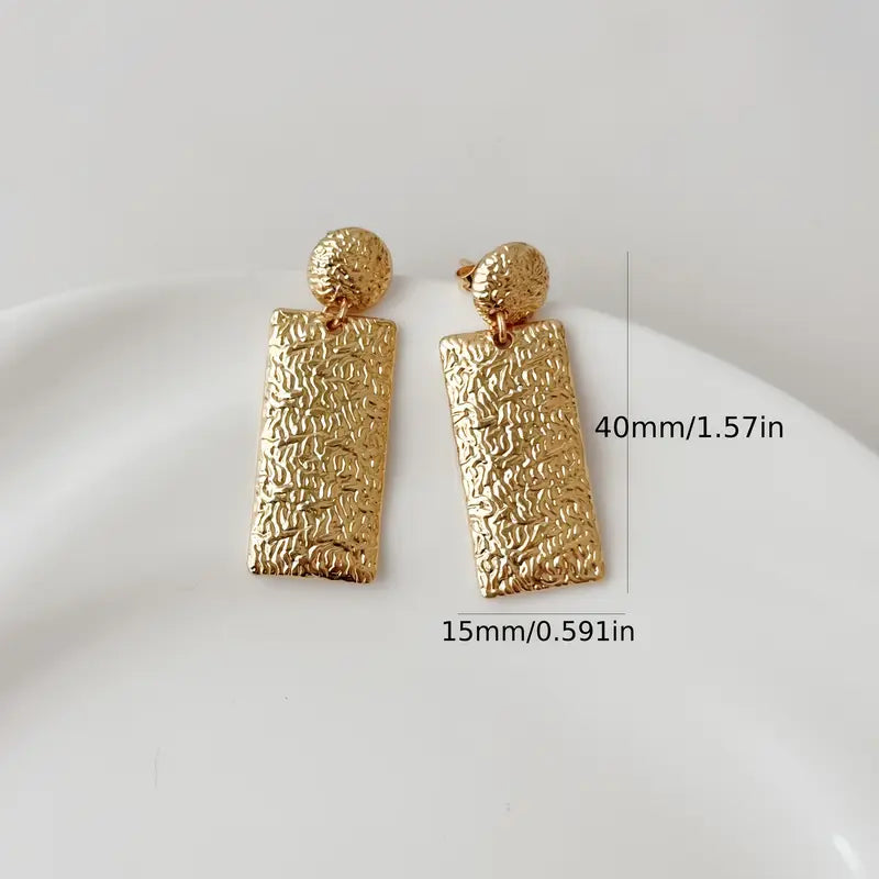 Textured Gold Rectangle Statement Earrings – Stainless Steel