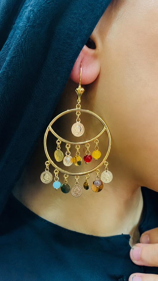 Boho Gold Coin & Bead Statement Hoop Earrings