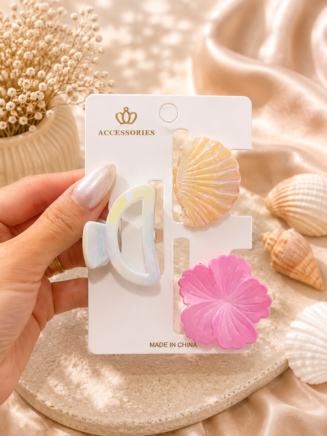 Pastel Shell & Flower Hair Clip Set – 3 Pieces