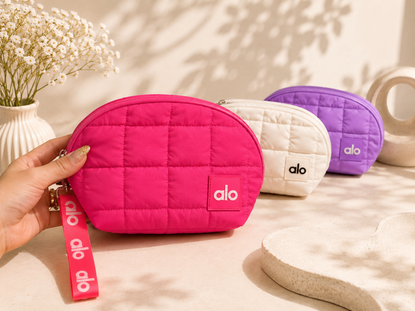 Alo Quilted Makeup Bag – Soft Cosmetic Pouch with Wrist Strap (Multiple Colors)
