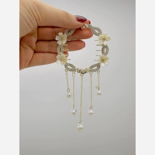 Chinese Style Flower Tassel Hair Bun Buckle High Ponytail Buckle Pearl Chain Pan Hair Claw Clip Fashion Lovely Alloy Headwear